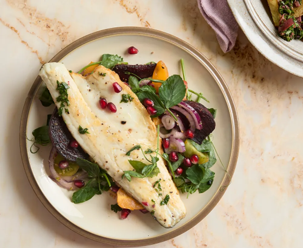 A chef-designed Mindful Chef dish plated with seasonal vegetables