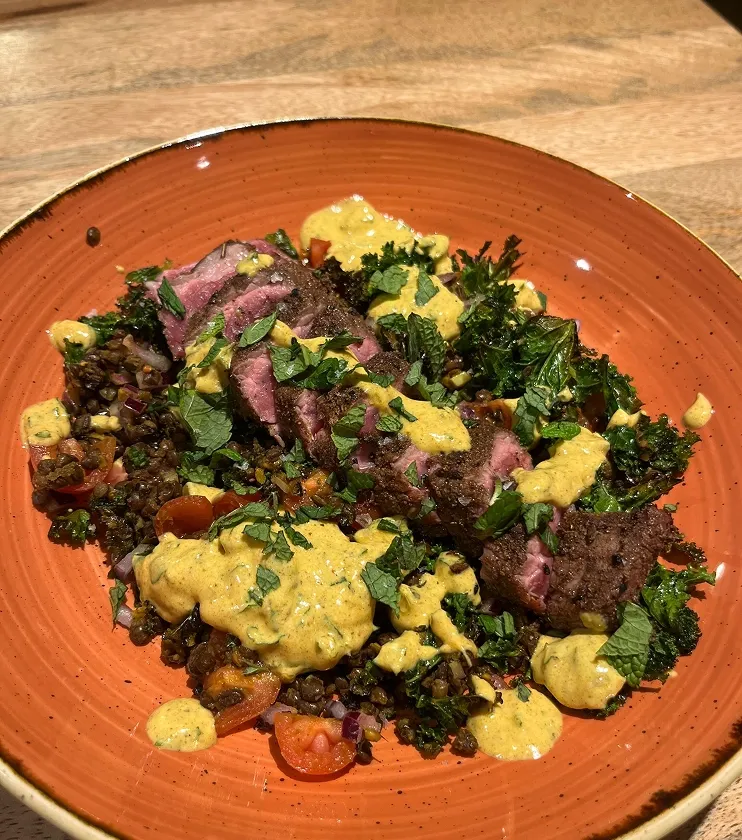 A low carb dinner recipe featuring meat alongside fresh vegetables.