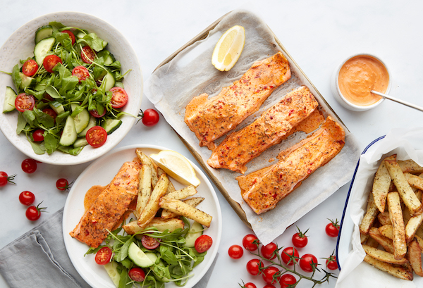 Harissa salmon, potato fries, and sundried tomato