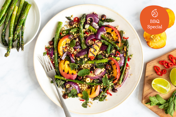 Griddled peaches, asparagus, and hazelnuts