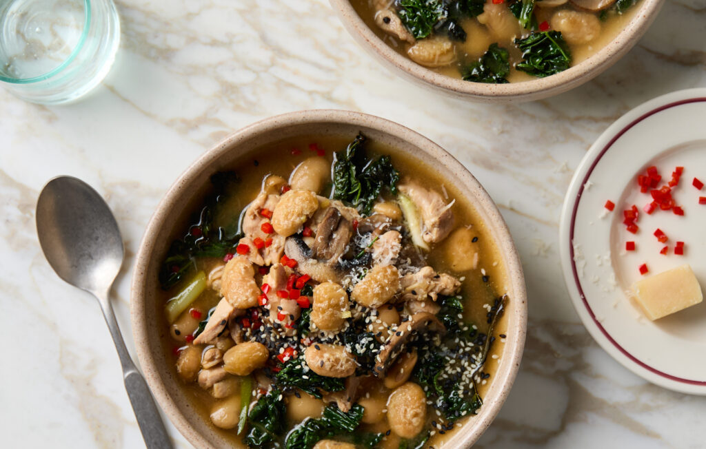 Bold Bean Co Chicken Miso Soup with Cheesy Butter Bean Croutons